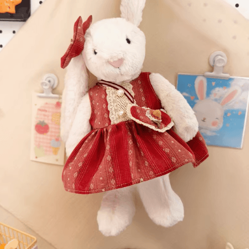 Cherry Stripe Outfit Set – Red Striped Dress, Hair Clip & Crossbody Bag (for Bashful Bunny Medium)